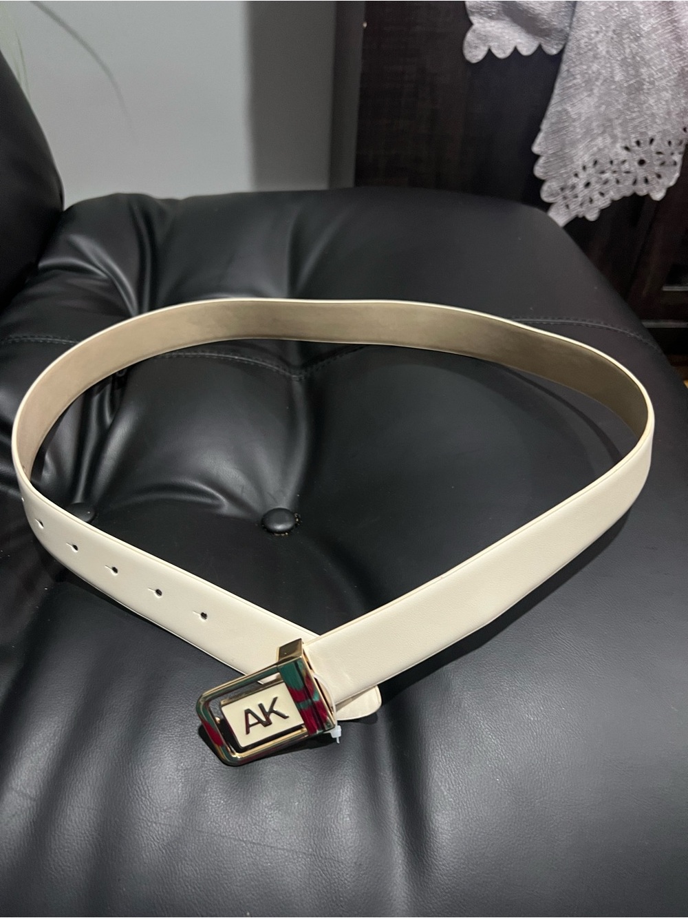 Anne Klein Cream Leather Belt with Signature AK Buckle